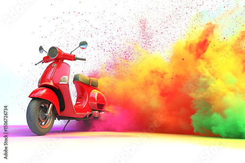 Vibrant red scooter amidst a colorful explosion of powder, creating a dynamic and lively scene
