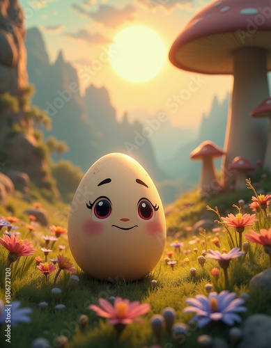 Cute cartoon egg in lush meadow landscape golden hour lighting