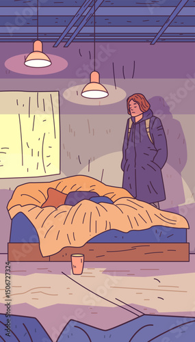 Homeless person sleeping in shelter warm bedding under soft lighting indoors peaceful atmosphere winter clothing muted colors