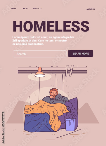 Homeless person sleeping under bridge urban scene. Illustration shows a man resting with blankets beneath an overpass. Muted colors emphasize somber mood
