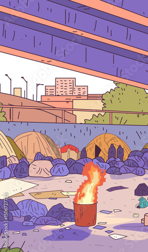 Homeless camp under bridge urban setting tents scattered belongings burning barrel cityscape background