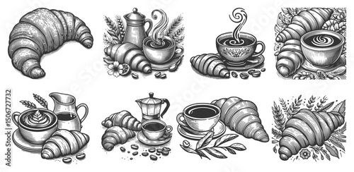 croissants, coffee cups, and breakfast elements Set collection bundle sketch engraving generative ai vector illustration. Scratch board imitation. Black and white image.