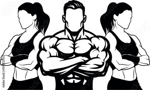 Fitness club emblem with muscled man and woman silhouettes. Man and woman front pose. illustration