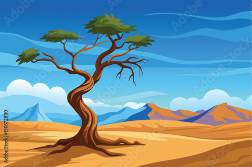 Cartoon desert landscape with bare tree, mountains, and cloudy sky
