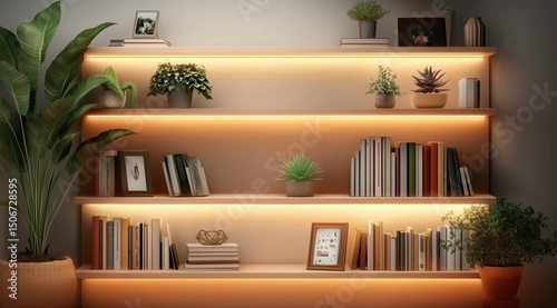 Featuring Warm Accent Lighting on Built-in Bookshelves Adorned, Plants, Decor Items, Cozy Elegant Home Library: Zoom Virtual Meetings Backgrounds, Stylish Interior Backdrops Design, Empty Living Room