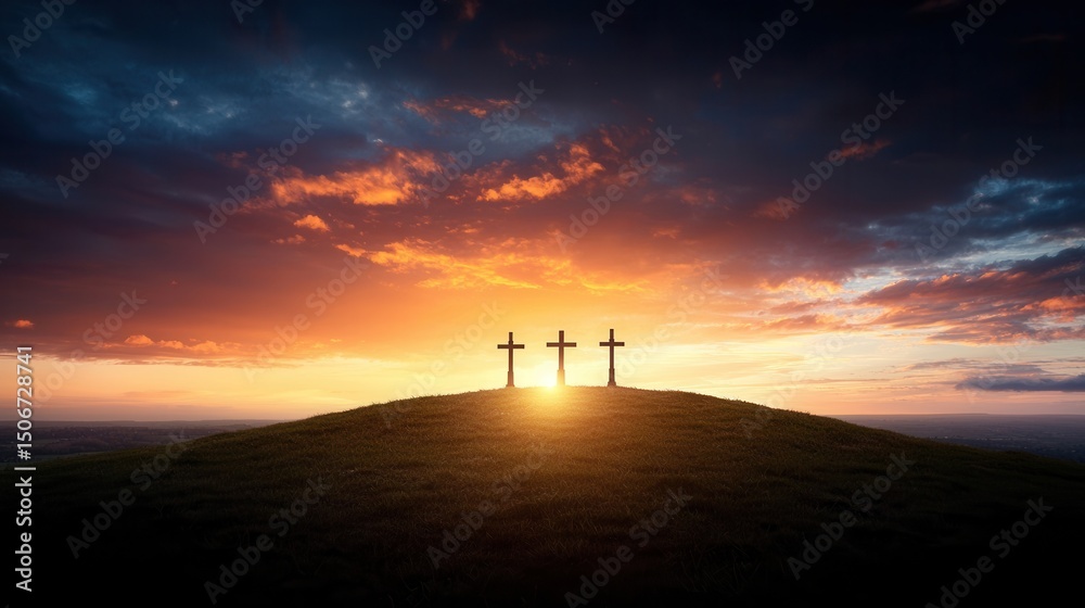 Obraz premium Three dark crosses stand silhouetted against a dramatic glowing sunset sky on a serene hilltop evoking a sense of spiritual contemplation and religious devotion