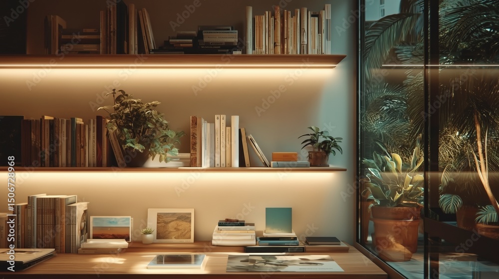 Fototapeta premium Featuring Warm Accent Lighting on Built-in Bookshelves Adorned, Plants, Decor Items, Cozy Elegant Home Library: Zoom Virtual Meetings Backgrounds, Stylish Interior Backdrops Design, Empty Living Room