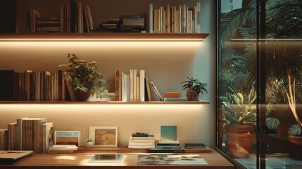 Featuring Warm Accent Lighting on Built-in Bookshelves Adorned, Plants, Decor Items, Cozy Elegant Home Library: Zoom Virtual Meetings Backgrounds, Stylish Interior Backdrops Design, Empty Living Room