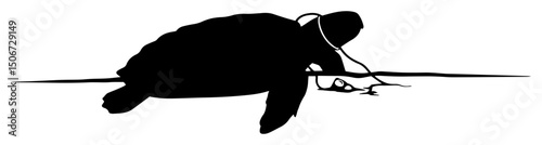 turtle entangled in plastic waste – black vector illustration about pollution