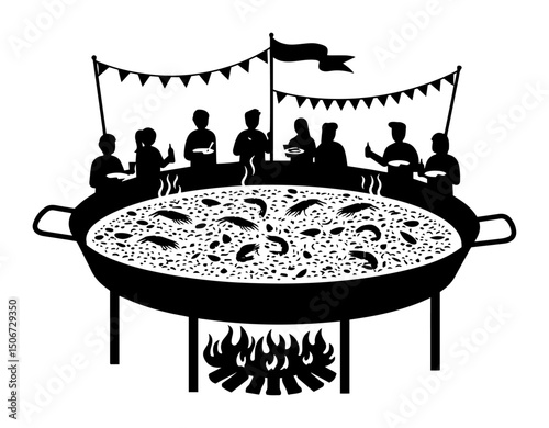 people cooking and eating giant paella – black silhouette vector