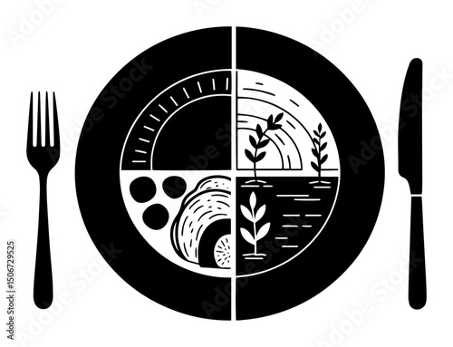 food on plate divided by ecosystem themes – black and white vector