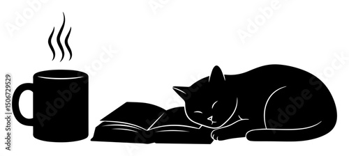 cat sleeping on book with hot coffee – cozy black silhouette