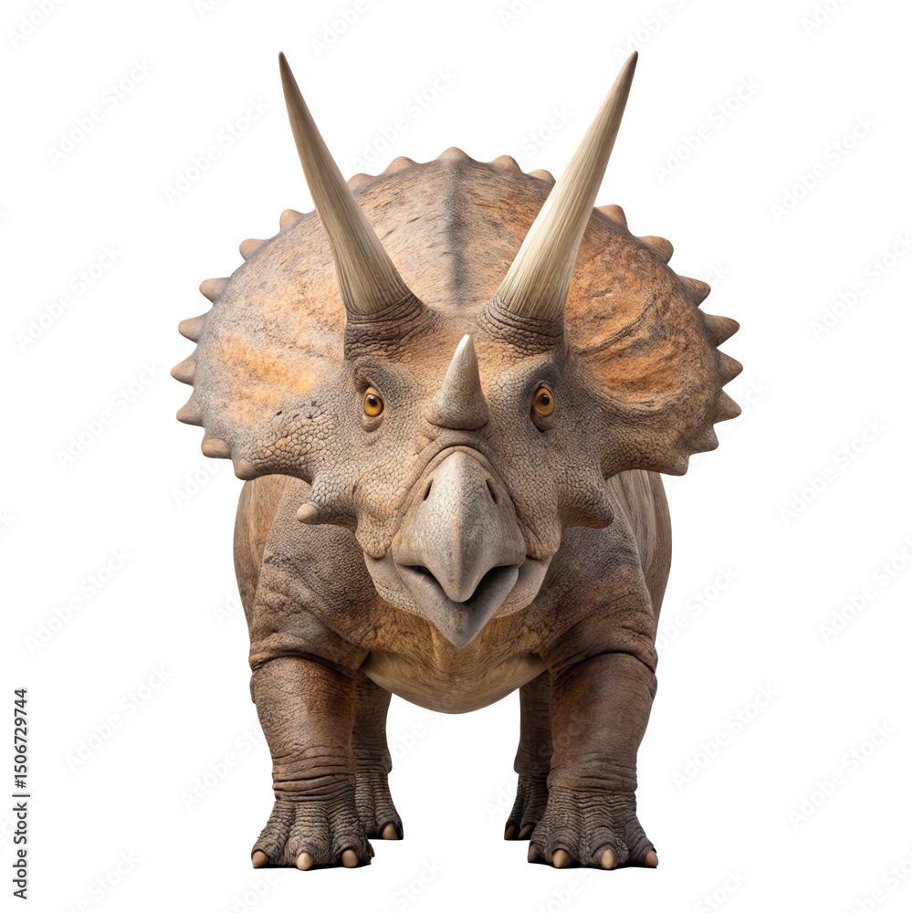 Fototapeta premium Triceratops, a three horned herbivorous dinosaur from the late cretaceous period, stands majestically on a transparent background, showcasing its powerful build and distinctive horns