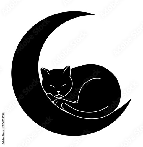 sleeping cat curled on crescent moon – minimalist black vector