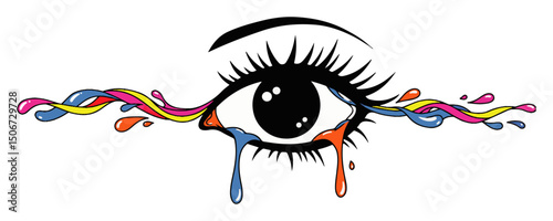 colorful crying eye with ink splashes – surreal vector illustration
