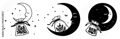herbal pouch under moon and stars – magical black and white vector