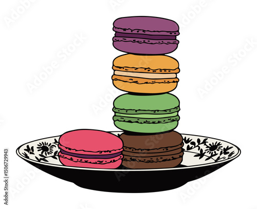 colorful macarons on decorative plate – sweet dessert vector illustration