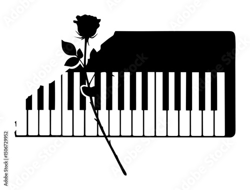 piano keys with rose – romantic music vector silhouette
