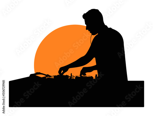 dj silhouette mixing music at sunset – party vector illustration