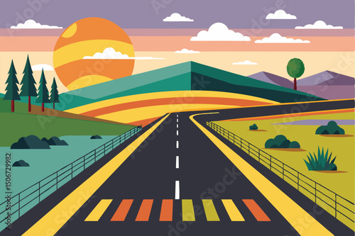 Cartoon road leading to mountains with trees and cloudy sky