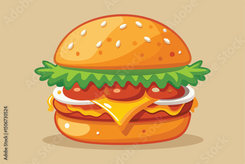 Cartoon burger with lettuce, tomato, cheese, and ketchup