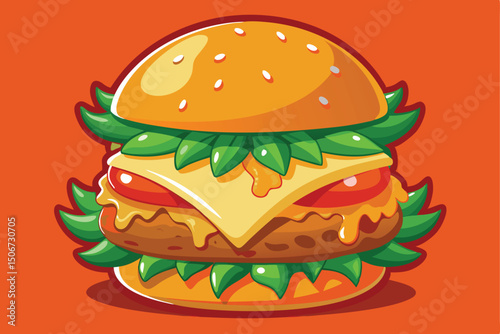 Cartoon burger with lettuce, tomato, cheese, and ketchup