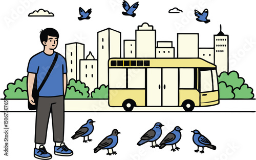 Young person waiting at a bus stop absorbed in thought