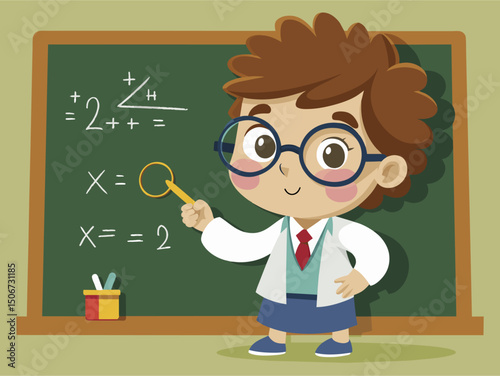 Smart Kid Teaching Mathematics Cartoon Illustration