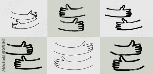 Set of hug hands doodle outline hand drawn logo icon sign Cute brush stroke. Collection of grunge bold brush drawn line vector. Black ink dirty texture. Vector black hand drawn logo illustration.