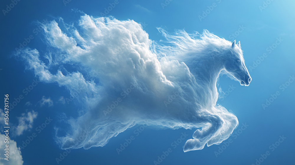 Fototapeta premium Pegasus winged legendary horse flying with spread wings on dreamy landscape 
