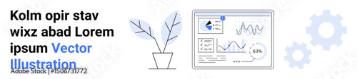 Analytics screen showing charts, graphs, UI elements, potted plant, and two gear graphics. Ideal for business, data analysis, productivity, technology growth innovation simple landing page