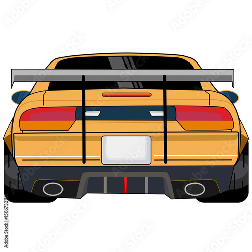 Rear View of Yellow Sports Car Illustration. japan car. cartoon