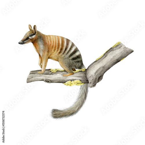 Numbat on the tree branch. Australian animal watercolor realistic illustration on white background. Myrmecobius fasciatus marsupial Australia endemic mammal. Numbat small anteater on the tree twig