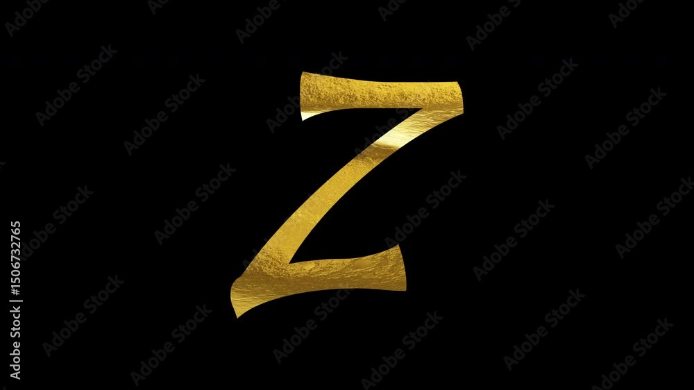 Alphabet Z gold text animation on black background seamless loop. 4K