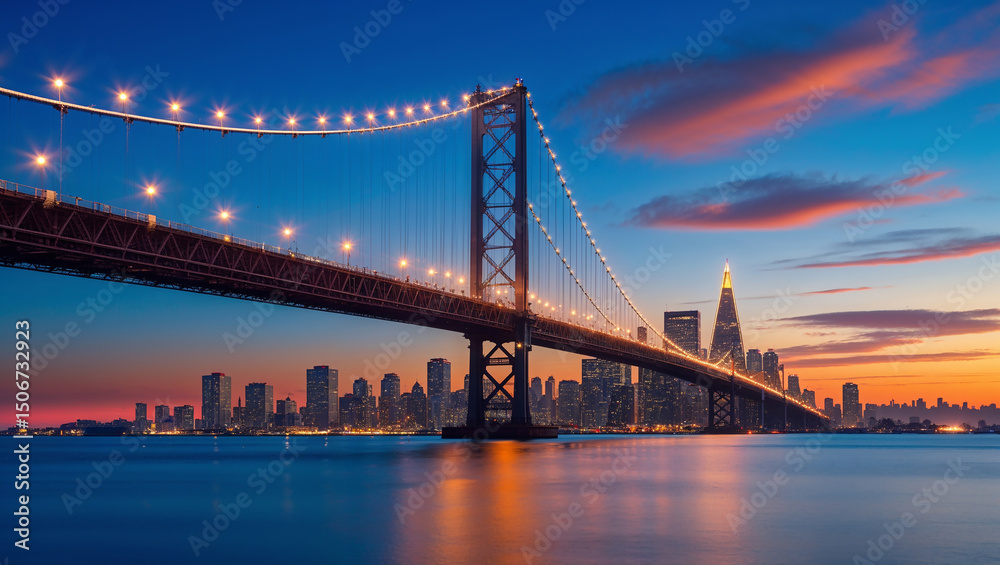 Naklejka premium Illuminated suspension bridge spanning city bay at sunset