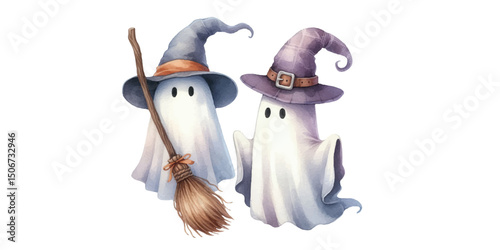 Cute watercolor ghost characters in witch hats, holding broom with stars, leaves, twigs, halloween theme, pastel and whimsical style, isolated on white