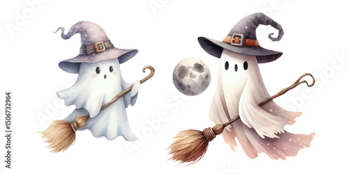 Cute watercolor ghost characters in witch hats, holding broom with stars, leaves, twigs, halloween theme, pastel and whimsical style, isolated on white