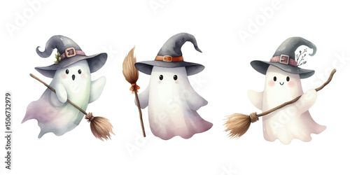 Cute watercolor ghost characters in witch hats, holding broom with stars, leaves, twigs, halloween theme, pastel and whimsical style, isolated on white