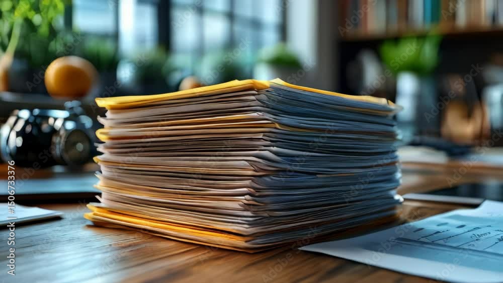 A busy office environment with a large stack of folders and documents piled on a wooden desk. Natural light floods the room, creating a productive atmosphere for work.