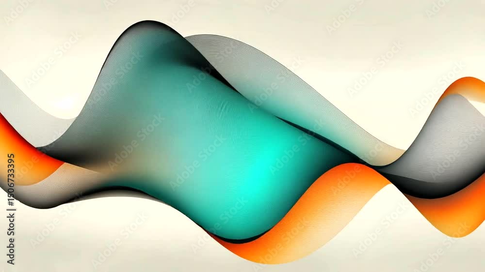 Abstract wave pattern with flowing lines in shades of gray, teal, and orange against a neutral backdrop creating a fluid movement