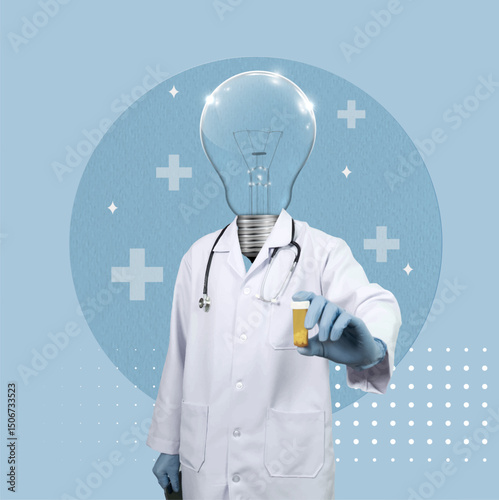 Health care innovation emphasized with a medication symbol and creativity. Vector illustration