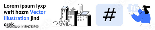 Cityscape with buildings, metadata tag inside a square, person holding phone. Ideal for technology, urban lifestyle, social media, communication, branding, creativity simple landing page