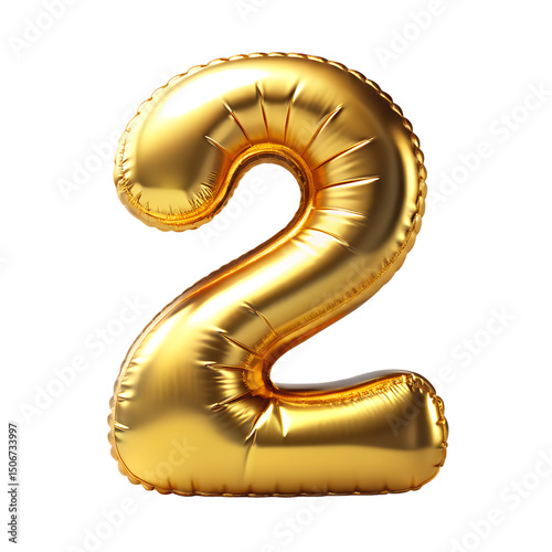 Gold number 2 balloon with gold sparkles on transparent background 