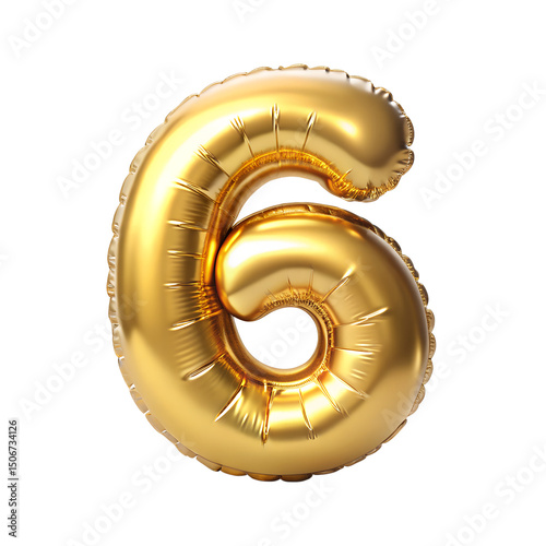Gold number 6 balloon with gold sparkles on transparent background 