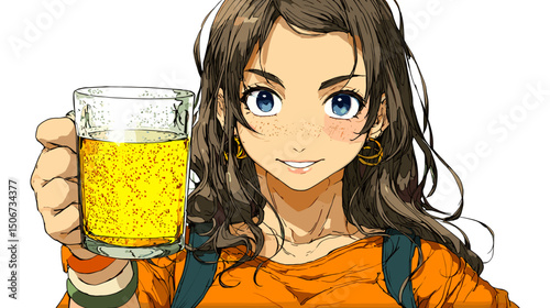ビールを差し出すカジュアルな女性のベクターイラスト