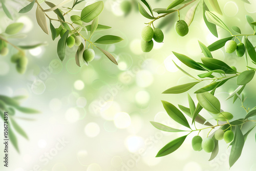 A soft background with space for text. Green olive leaves with sunlight and bokeh effect