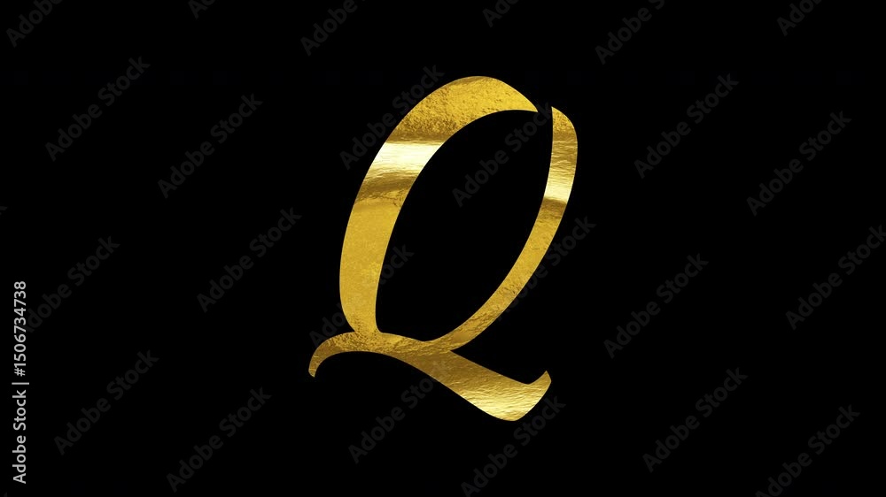 Alphabet Q gold text animation on black background seamless loop. 4K