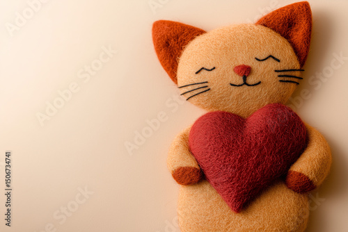 A handmade plush toy cat with a red heart in his hands on a soft background with a place for text
