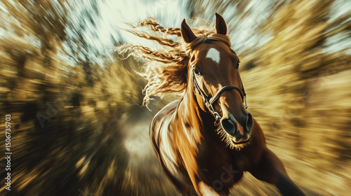 A galloping horse on a blurred background in a sunny field