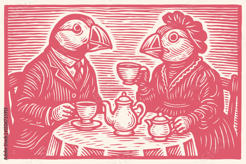 Whimsical puffin couple in vintage attire enjoys tea time at a table. Teapot, cups. Retro woodcut/engraving style vector. Monochrome. Quirky, charming.